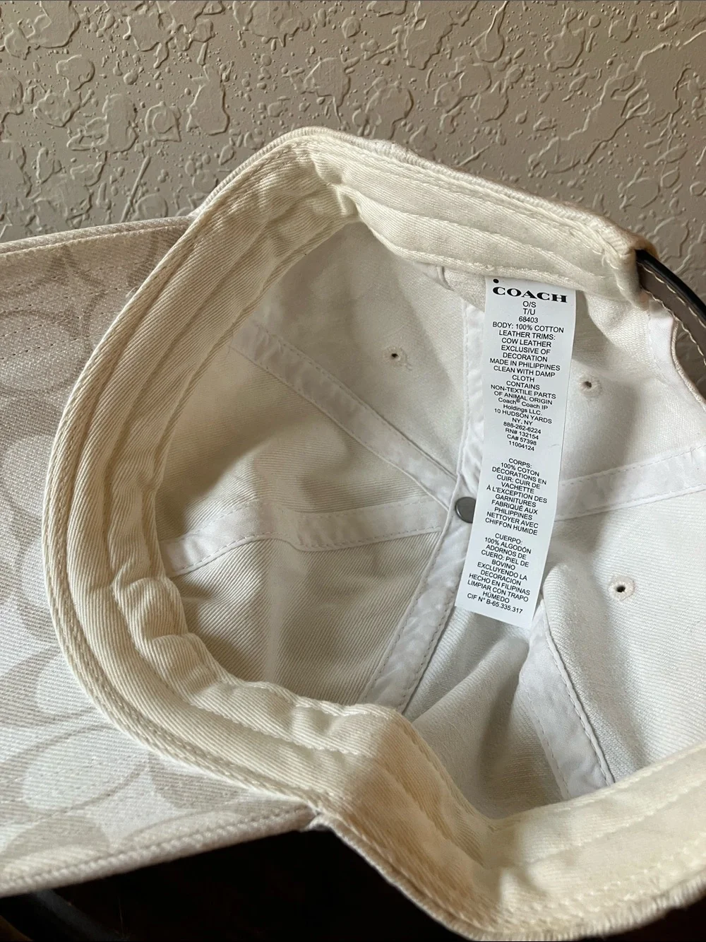 Coach: Cream Signature Baseball Cap- Leather Strap- M/L